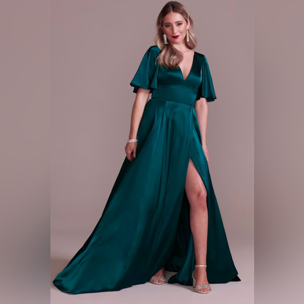 David’s Bridal Galina Signature charmeuse flutter dress satin 14 blue green